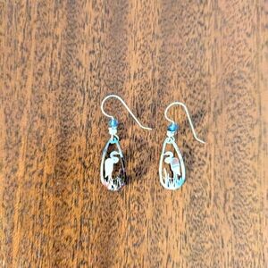 Silver Tone Heron Bird Laser Cut Dangle Earrings.